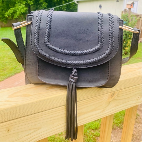Gray Vegan Leather Western Crossbody Bag with Tassel Detail and Gold Hardware - Picture 1 of 5